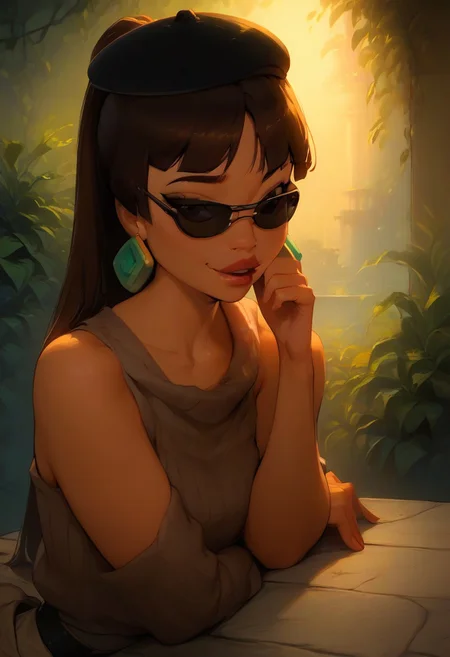 masterpiece, score_9, score_8_up, score_7_up, (best quality:1.1), ultra-detailed, high resolution, super detailed skin, Highly Visible, 8k, sharp focus, beautiful, perfect lighting, smooth edges, 1 girl, ChelXLP,BaywatchXLP, chel from (el dorado), ((ponytail)),green earrings, 
(((sunglasses, brown beret, gloves, black gloves, belt, sweater, boots, pants, jewelry, looking over eyewear))),  
(( (medieval:1.3), (kitchen), ((large dinner table, sitting on desk, legs hanging off desk)) ,delicate and transcendent)), latina girl, very long hair, tan skin, (covered belly), (thick), (big hips), (thick thighs), closeup, cowboy shot,csr style,g4n1m3