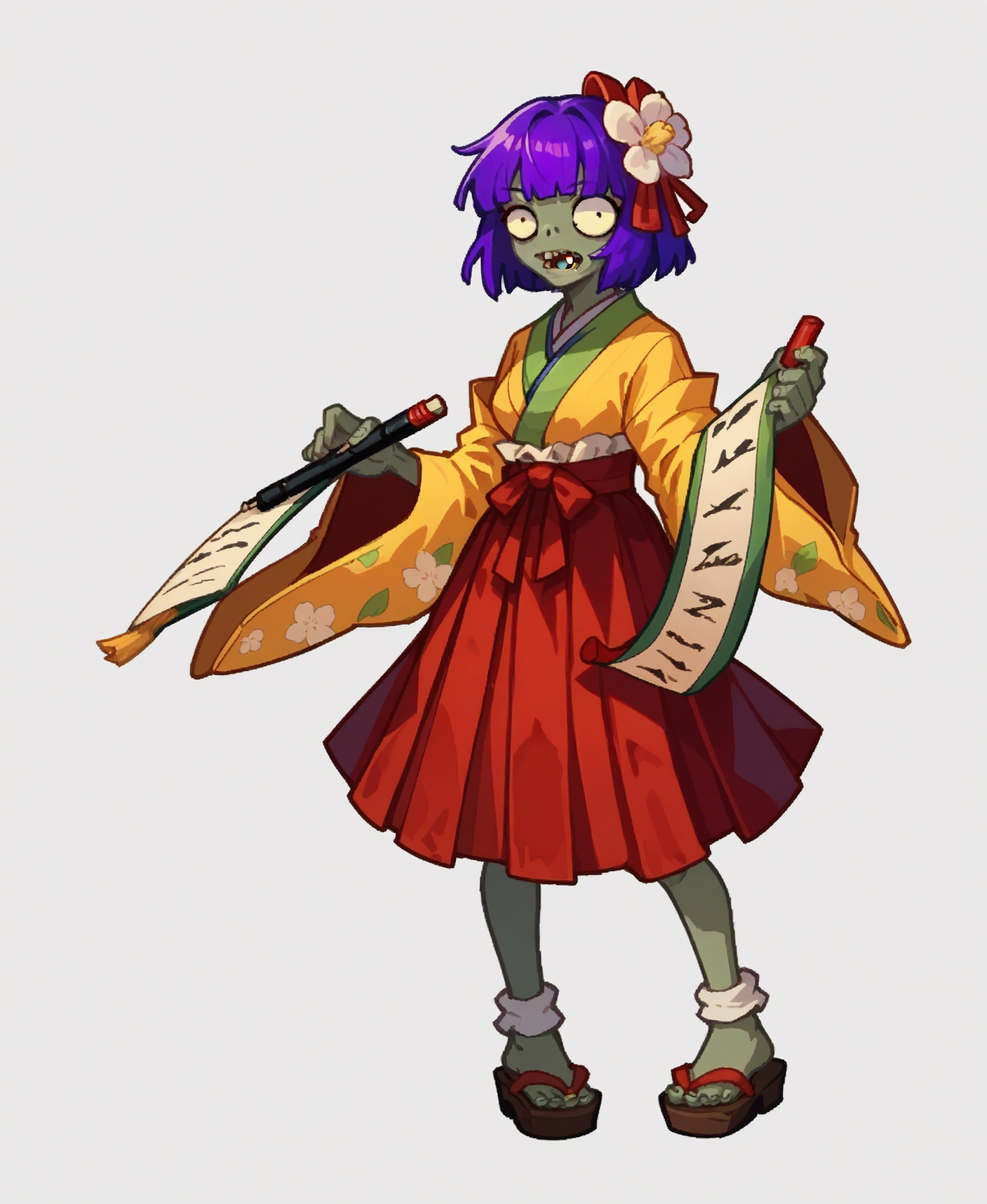 score_9, score_8_up, score_7_up, score_6_up,solo,solo focus,full body, 
 <lora:[Pony]PVZZ-20240629-1428:1>pvzz,zombie,
 <lora:akyuu.pony:.9> akyuu,purple hair, yellow kimono,red_skirt,  hair flower, 
.white background,cartoon ,