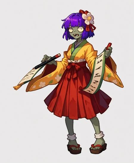 score_9, score_8_up, score_7_up, score_6_up,solo,solo focus,full body, 
 <lora:[Pony]PVZZ-20240629-1428:1>pvzz,zombie,
 <lora:akyuu.pony:.9> akyuu,purple hair, yellow kimono,red_skirt,  hair flower, 
.white background,cartoon ,
