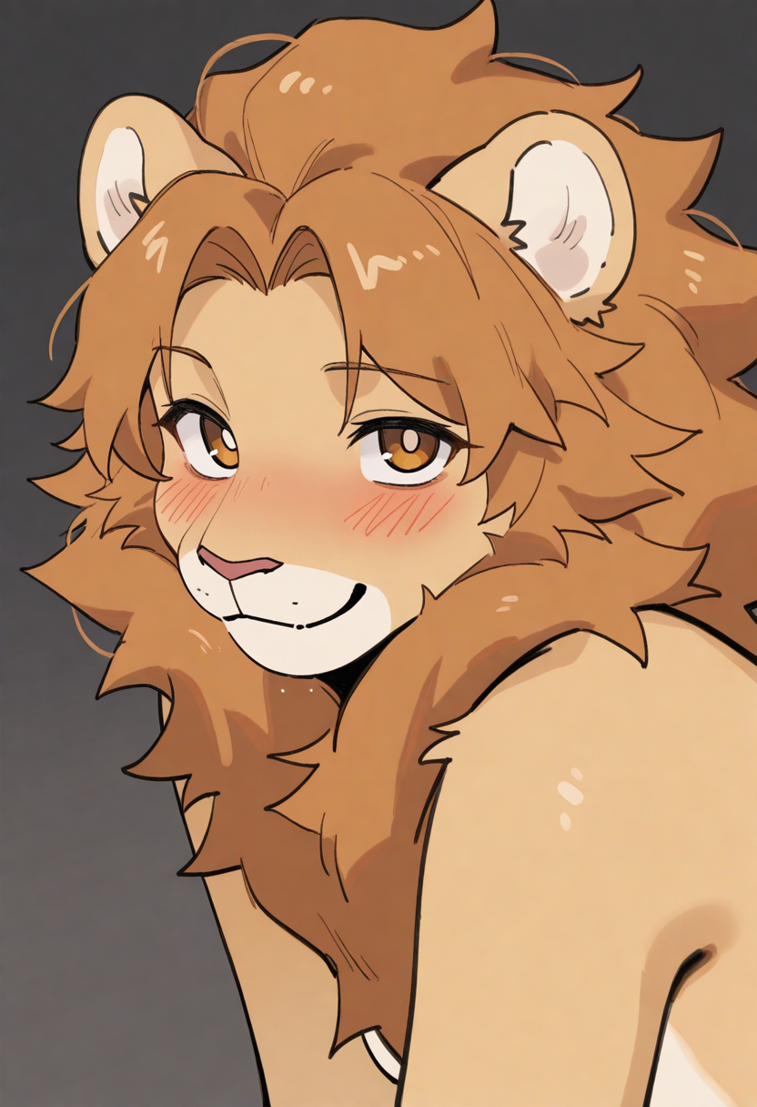 best quality, amazing quality, very aesthetic, absurdres, newest,  by hemuchang, furry, solo, short hair, lion, mane, blush, smile, <lora:Hemuchang_style_Illustrious:1>