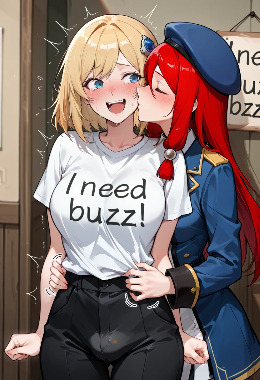 masterpiece, best quality, amazing quality, very aesthetic, absurdres, newest, detailed background, 2girls, kissing cheek, embarrassed, sign on shirt, "Need buzz", <lora:NeedBuzz_sign_Illustrious:1>, tickling sides, tickling belly,
<lora:Olivia:0.8>, oliviambsk, blonde hair, medium hair, bangs, swept bangs, blue eyes, breasts, official art, futanari, bulge, embarrassed, laughing, sign on shirt, "Need buzz", tickling,
tsubaki yayoi, red hair, blue eyes, long hair, noel vermillion, military uniform, beret, red ribbon, kissing cheek, sign, "Need buzz", tickling sides, tickling belly, hands on another