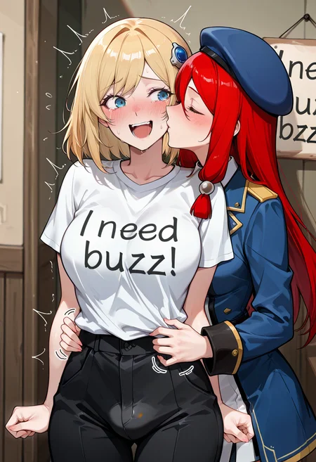 masterpiece, best quality, amazing quality, very aesthetic, absurdres, newest, detailed background, 2girls, kissing cheek, embarrassed, sign on shirt, "Need buzz", <lora:NeedBuzz_sign_Illustrious:1>, tickling sides, tickling belly,
<lora:Olivia:0.8>, oliviambsk, blonde hair, medium hair, bangs, swept bangs, blue eyes, breasts, official art, futanari, bulge, embarrassed, laughing, sign on shirt, "Need buzz", tickling,
tsubaki yayoi, red hair, blue eyes, long hair, noel vermillion, military uniform, beret, red ribbon, kissing cheek, sign, "Need buzz", tickling sides, tickling belly, hands on another