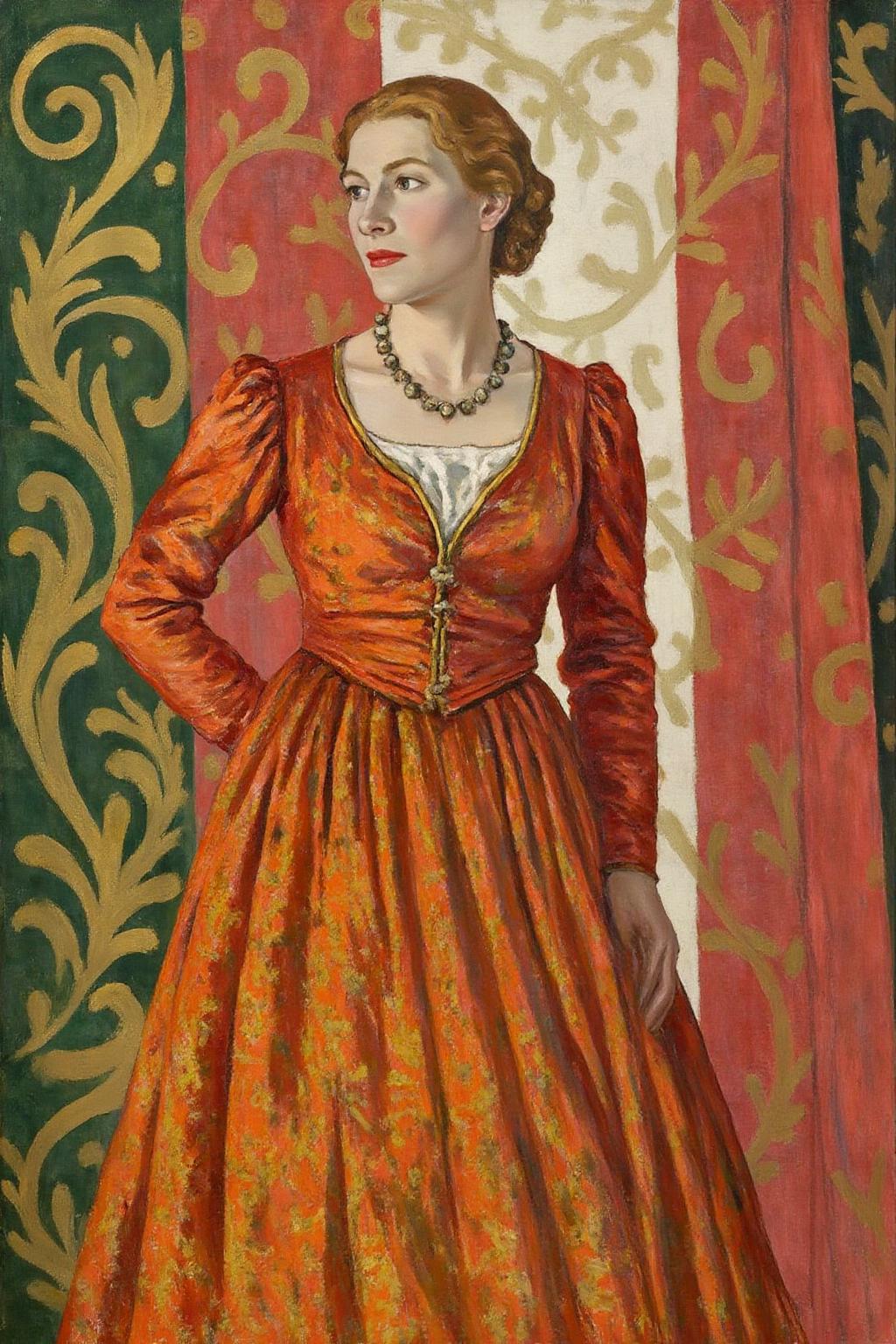 ethelleontinegabain1 painting.
A woman dressed in a vibrant, historical-style gown that is predominantly orange with gold patterns and a white underlayer. She is standing against a backdrop of green, red, and white drapes with golden swirling designs. Her hair is styled in an elegant updo, and she is wearing a necklace with small, round beads. <lora:ethelleontinegabain1_cap_d8a4:1.0><lora:862156086554155819:0>