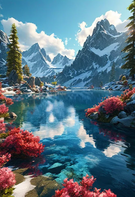 (ultra high res:1.4), (masterpiece:1.4), (beautiful lighting:1.4)  Serene mountain lake nestled amidst towering peaks, lush greenery, and vibrant blossoms. Bright sunlight illuminates the crystal-clear water, accentuating distant snow-capped summits under a vivid blue sky adorned with fluffy white clouds. Fantasy game art design captures the majestic scenery with wide-angle perspective and high resolution.