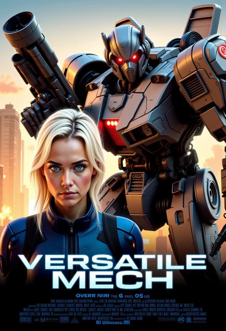A sci-fi mecha action movie poster featuring a woman and a heavy mech in a futuristic cityscape with the setting sun. The image is a ground level shot. A close-up portrait shot of a young woman with platinum blonde hair and striking blue eyes wearing a futuristic blue bodysuit covers the left side of the image. On the right side of the image behind her a heavy mech looms over. The mech's surface is weathered metallic, painted in dark and grey illuminated by glowing red diodes, holding a six-barrel rotary machine gun. The background is a futuristic city with a fiery explosion in the distance. The movie title 'Versatile Mech' written in metallic font with glowing trim. Production credits written below the movie title. aidmatextimprover, high contrast,