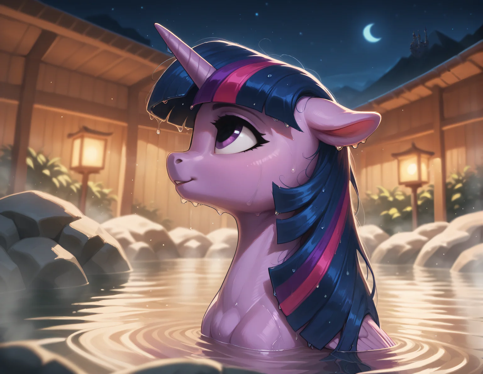 score_9, score_8_up, score_7_up, score_6_up, zPDXL3, BREAK night sky, night, moonlight, mountain, water, reflection, steam, onsen bathing, side view, close-up, face focus, (pony, feral:1.1), solo, 1girl, twilight sparkle, alicorn, horn, wings, sitting against something, (raised head:1.2), looking up, (relaxing:1.2), sigh, partially submerged, (wet hair, wet body:1.3), bathing, pixelsketcher, <lora:Pixelsketcher_Style_Pony_XL_v2:0.5> <lora:Onsen_Bathing:1> <lora:Dramatic Lighting Slider:2.5>