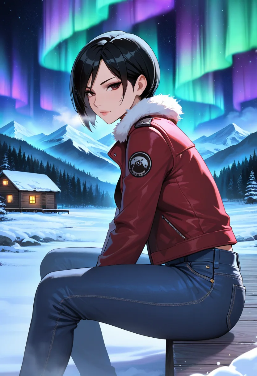 ada wong, masterpiece, best quality, amazing quality, 1female, solo, adult, fur trimmed jacket, fog, snow, mountain, denim pants, sitting on deck, cabin, from side, night, forest, looking at viewer, particles, stars, aurora,