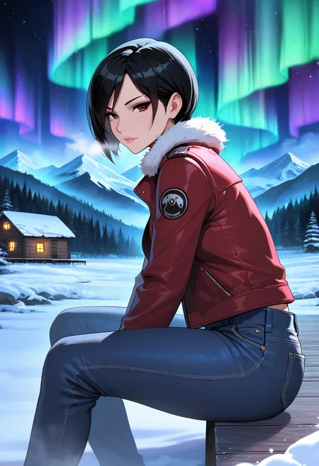 ada wong, masterpiece, best quality, amazing quality, 1female, solo, adult, fur trimmed jacket, fog, snow, mountain, denim pants, sitting on deck, cabin, from side, night, forest, looking at viewer, particles, stars, aurora,