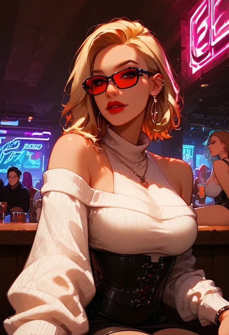 score_9,score_8_up,score_7_up,score_6_up,score_5_up, best_quality, ultra-detailed, masterpiece, close up,
1girl, jewelry, glasses, earrings, corset, looking at viewer, red nails, ring, bare shoulders, red lips, tinted eyewear, ribbed sweater, sleeveless sweater, turtleneck, black nails, black skirt,
Break
In a night club, sitting at the bar, looking from across the counter, neon lights, dark interior, neon glow, shadows, dim lighting, low light, dark,