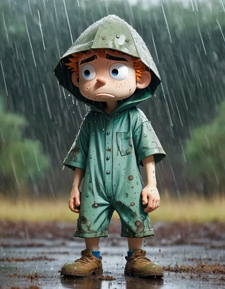 (art by Walt Kelly:0.9) , stylized, eye-level shot of a Messy slight Industrial [Wesley Crusher:Kyle Broflovski:1], wearing Abandoned Qin Dynasty Rompers, Raining, horizon-centered, Fine art, Shameless, Warm Colors