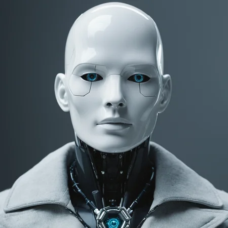 cinematic film still of <lora:Cyberpunk Style:1>
a creepy white robot wearing a jacket,bionic,transhuman,Dystopia,Dystopian,kakotopia,Science fiction,high tech,low life,societal collapse,Artificial,Posthuman,future,futuristic,Artificial intelligence,Cyborg,genetically-enhanced humans,sci-fi,Cyberpunk Style,solo,1boy,jewelry,male focus,earrings,no humans,mask,robot,portrait,science fiction,realistic,bald,cyberpunk,humanoid robot , Cyberpunk Style, shallow depth of field, vignette, highly detailed, high budget, bokeh, cinemascope, moody, epic, gorgeous, film grain, grainy