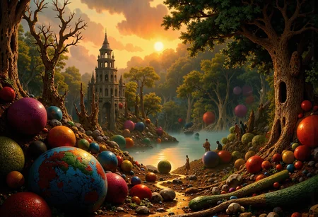 (in full view:1.2), (seen from a distance, wide angle:0.55), The style a combination of [Issac Asimov|Igor Zenin|Heather Theurer], Under lighting, alien planet, alien plants, bioluminescent plants. Harmonious madness, synergy with chance, unique art style, mind bending art. Digital painting in a realistic style representing strange visions of A forest, struck by a meteorite that has been altered by radiation coming from the meteor. The forest, once a popular place for walks has transformed into something out of another reality. The trees, plants and animals have all begun to transform into life forms alien to earth. The wild flowers have developed unusual growth patterns, most have become vines with smaller flowers and are less colorful. The trees have stayed their usual green color but their shape and size have been altered. Even nonliving things have been altered such as boulders, steel and concrete.    A digital rendering covering the entire area, high-res, ultra detailed, photo manipulation, altered realities, <lora:+FluxVelvet's_Mythic_Fantasy:0.7> <lora:Midjourney_Whisper_Chromaplex_Velvet_Myst_v01:0.4> <lora:Epic_gorgeous_Details-flux.1:0.4> <lora:Amazing_scenery_v3:0.6> <lora:UltraReal_Fine-Tune:0.3> <lora:Realism-lora-Flux:0.6> <lora:low-light-flux-v2:0.5>