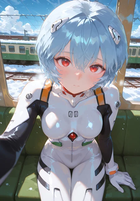 masterpiece, best quality, amazing quality, absurdres, newest, (looking at viewer), Enchanting Eyes, Detailed eye, Eye detail, detailed pupils, ((no lineart)), ((no outline)), no black lines, very aesthetic, neon genesis evangelion, 

BREAK

1girl, Ayanami Rei\(neon genesis evangelion\), blush, short hair, blue hair, red eyes, 

bodysuit, pilot suit, white bodysuit,

BREAK

sit, sitting on a green train bank, inside of a train, inside, train, blue sky in background, clouds, clouds in sky, sky, snowing,

