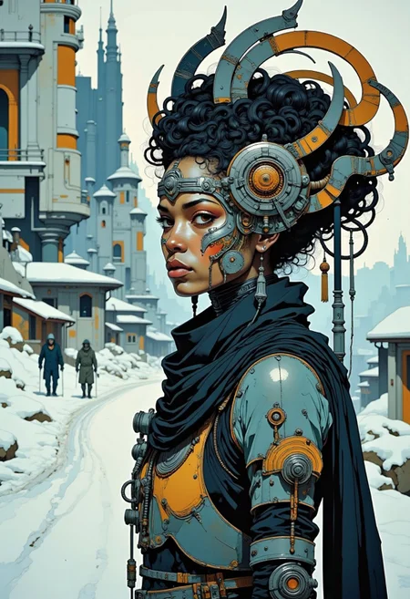Portrait of an African woman in armour, African tribal elements, dramatic scenery, snow, space colony behind, cyberpunk
