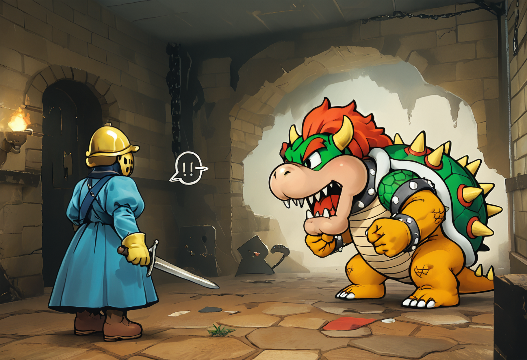 score_9,score_8_up,score_7_up,source_anime,<lora:PonyBossBattle:1.1>,bosstyle,<lora:paper_mario_style:0.8>,paper_mario_style,dot eyes BREAK
1boy,mario,from behind BREAK
giant,bowser,