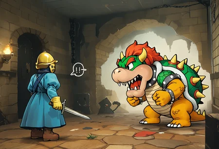 score_9,score_8_up,score_7_up,source_anime,<lora:PonyBossBattle:1.1>,bosstyle,<lora:paper_mario_style:0.8>,paper_mario_style,dot eyes BREAK
1boy,mario,from behind BREAK
giant,bowser,