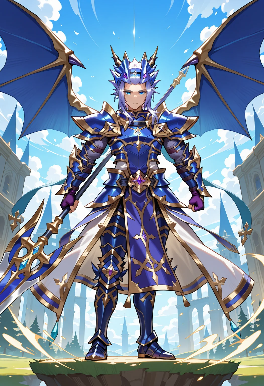 masterpiece,best quality,amazing quality,xainfried,weapon,1boy,solo,holding weapon,holding,armor,blue eyes,polearm,blue armor,holding polearm,clenched hand,shoulder armor,full body,male focus,boots,vambraces,pauldrons,breastplate,greaves,dragon horns headwear,looking at viewer,fingerless gloves,purple fingerless gloves,tunic,blue pelvic curtain,dragon wings,sidelocks,gold trim,<lora:Xainfried_V1-3-000010>,