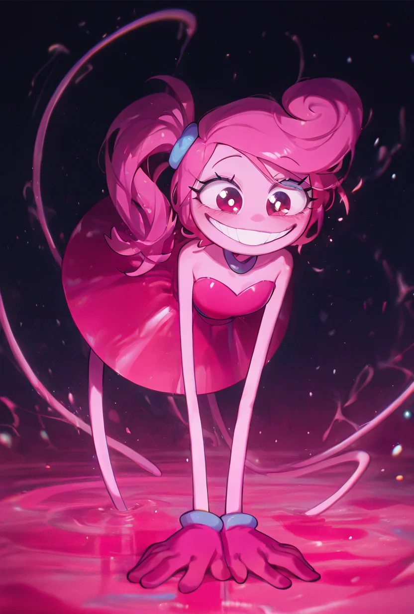 <lora:mmylnglgs-10:1> mmylnglgs, pink hair, 1girl, big smile, , pink skin, pink gloves, side ponytail, long limbs, round head, dynamic pose, <lora:WSSKX_WAI:1>, masterpiece, best quality, amazing quality, very aesthetic, absurdres, newest,