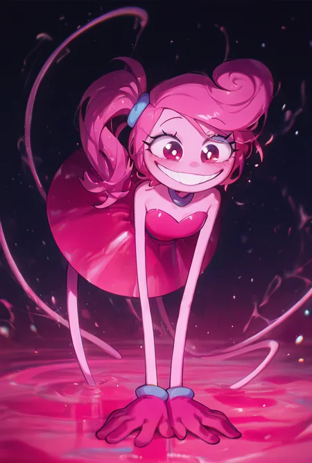 <lora:mmylnglgs-10:1> mmylnglgs, pink hair, 1girl, big smile, , pink skin, pink gloves, side ponytail, long limbs, round head, dynamic pose,   <lora:WSSKX_WAI:1>, masterpiece, best quality, amazing quality, very aesthetic, absurdres, newest,