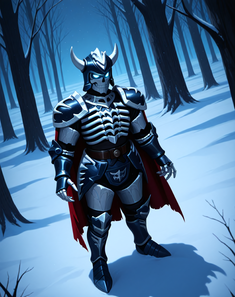 score_9, score_8_up, score_7_up,
8K, In'ei, chiaroscuro, cinematic side lighting, perfect depth of field shot, masterpiece, best quality, amazing quality, beautiful, absurd details, sharp focus, crisp details, photographic realism, 8K CGI render,
<lora:The_Ice_Lord_of_Temra_(Mystic_Knights_of_Tir_Na_Nog)_(Illustrious)_(AD):1> The_Ice_Lord_of_Temra, Mystic_Knights_of_Tir_Na_Nog, skeleton, knight, 
exterior, nature, fantasy, Ireland, mythical, ice, snow, 
dutch angle, bent leg, dynamic action, solo, 
armor, glossy armor, glowing eyes, 
BREAK Smooth Quality, IllusP0s, lazyhand, lazympos,