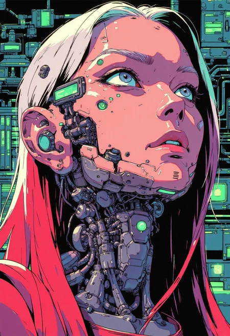 <lora:ck-Goro-Fujita:1>, digital artwork in the style of ckgf, A mesmerizing close-up portrait of an alien woman, her striking features blending extraterrestrial elegance with subtle mechanical elements. Her skin has a smooth, otherworldly texture, adorned with small, organic patterns. Her long, wavy hair cascades around her face, but in the Virtualboy-style palette of red, white, and black. Mechanical elements are seamlessly integrated into her face and neck—sharp, angular pieces emerge like delicate circuitry. The chiaroscuro-inspired lighting brings deep contrast, with bold shadows enhancing her alien beauty. The background features a cyberpunk workshop, and the limited palette emphasize the alien and mechanical features, while a soft green glow outlines parts of her face and hair, creating a futuristic yet nostalgic visual reminiscent of early handheld gaming
<lora:ck-nc-pastel-cyberpunk:0.3>
<lora:ck-MetalGearSolid:0.25>
<lora:RetroAnimeFluxV1:0.25>