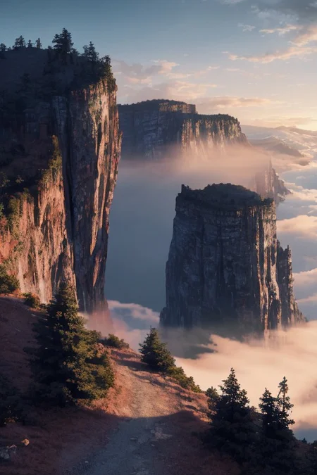 Highly detailed, highres, mountain pass, tall cliffs, fog, clouds