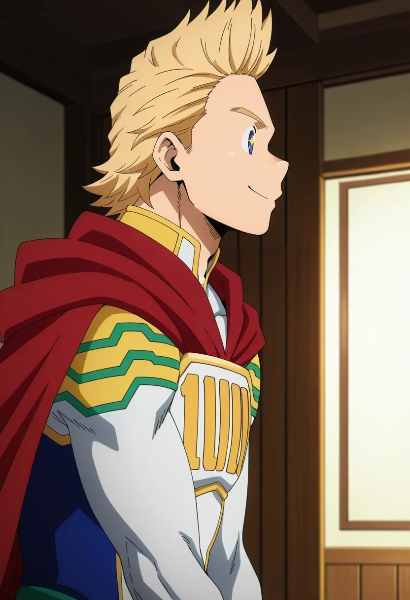 masterpiece, best quality, , anime screencap, anime coloring, official style, , 1boy, solo, male focus, <lora:mirio_toogata_ilxl:0.98>, mirio_toogata, blonde hair, blue eyes, short hair, spiked hair, bodysuit, superhero, red cape, from side, dining room, indoors, light, v arms, sparkling eyes, king costume