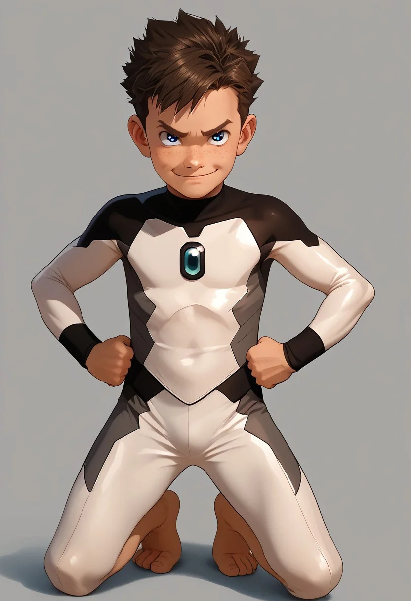 score_9, score_8_up, score_7_up,1boy, solo, cute boy, Koji, Blue Eyes, Brown Hair, Freckles, Bodysuit, Barefoot, hands on hips, smug smile, PONYXL_AlexRoss_ComicArt_ownwaifu