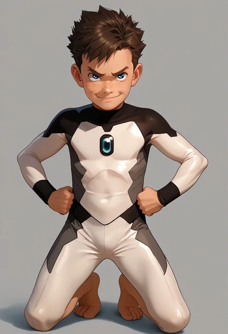 score_9, score_8_up, score_7_up,1boy, solo, cute boy, Koji, Blue Eyes, Brown Hair, Freckles, Bodysuit, Barefoot, hands on hips, smug smile, PONYXL_AlexRoss_ComicArt_ownwaifu