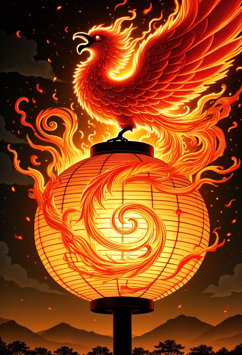UkiyoFusion. 
In this piece, swirling fire rises from a traditional Japanese lantern, the flames twisting and bending around a magnificent phoenix that rises from the center. The fiery swirls embody both the rebirth and the destruction of the bird, as its wings unfurl through the swirling flames. Its fiery feathers radiate heat, pushing outward, as the fiery patterns flow in a dynamic, almost hypnotic direction, symbolizing transformation and strength.