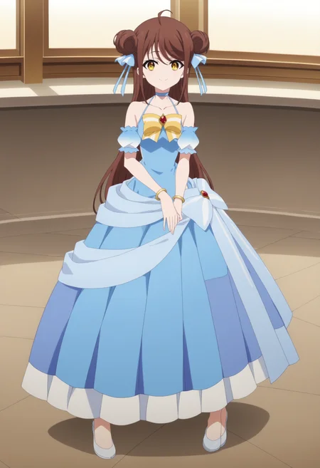 score_9, score_8_up, score_7_up, score_6_up, score_5_up, score_4_up , anime coloring ,BREAK source_anime, anime,screencap, <lora:Pony Silver Meteor Style:1>
1girl, solo, falanyaa, bare shoulders, chest bow, blue hair ribbon, detached sleeves, gold bangle, blue dress, long dress, blue choker, <lora:PonyXL Falanya:1>
indoors,full body,
smile, looking at viewer,