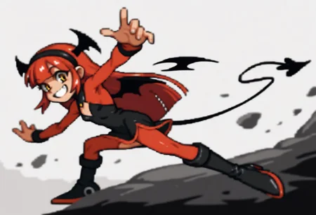 score_9, score_8_up, score_7_up BREAK RollMvC, 1girl, crimson hair, blunt bangs, black headband, yellow eyes, full body, devil girl, tall, skinny, smile, looking at viewer, devil outfit, demon dress, black red high-heeled boots, devil wings, devil tail, solo, solo focus, hell background,