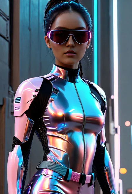 score_9, score_8_up, score_7_up, raw,32K, UHDR, (ultra-quality:1.6),1girl, in Cyberpunk style, revealing and exposing clothes, cinematic, wearing lit fiber optics, oxigen-support-gadgets, strong parallel lines and nodes, extremely detailed cute face,
Tech-infused, advanced materials bound technology and design. stimuli reactive to color-changing , psicho texture-shifting. ,integrate neon lights for visual flair. sleek, angular shapes with sharp lines, including bodysuits and structured jackets. High-tech accessories are integral futuristic AR glasses, neural interfaces and cybernetic jewelry. cargo pants, utility belts, and harnesses for gadgets. Bold colors dominate, with vibrant neons and electric obsidian:0.9 or pink:0.6 contrasting against deep agate:0.9 or pure-snow-white:0.9. Dystopian influences inspire distressed fabrics, industrial hardware, and asymmetrical designs, reflecting the chaotic cyberpunk ethos. glowing boots