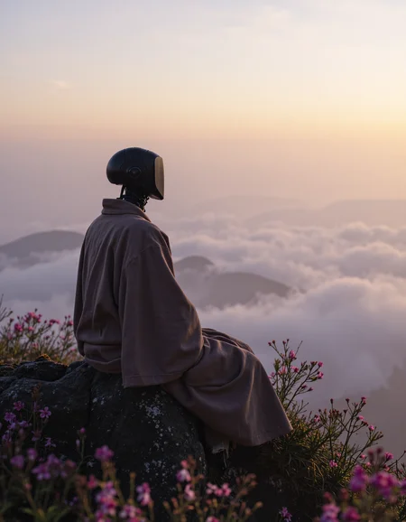 cinematic photo of a sci-fi robot wearing a monk robe with a rectangular head sitting on a mossy rock on a high mountain above clouds, early morning, sunrise, sakura, flowers, soft light, dreamy glow, atmospheric, tranquil, editorial photo,