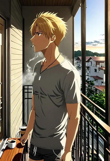 high resolution, solo, best quality, 1Boy, Yamato Ishida, Blond Hair, Necklace, home balcony, morning, cigarette, coffee, t-shirt, shorts, looking away, OverallDetail