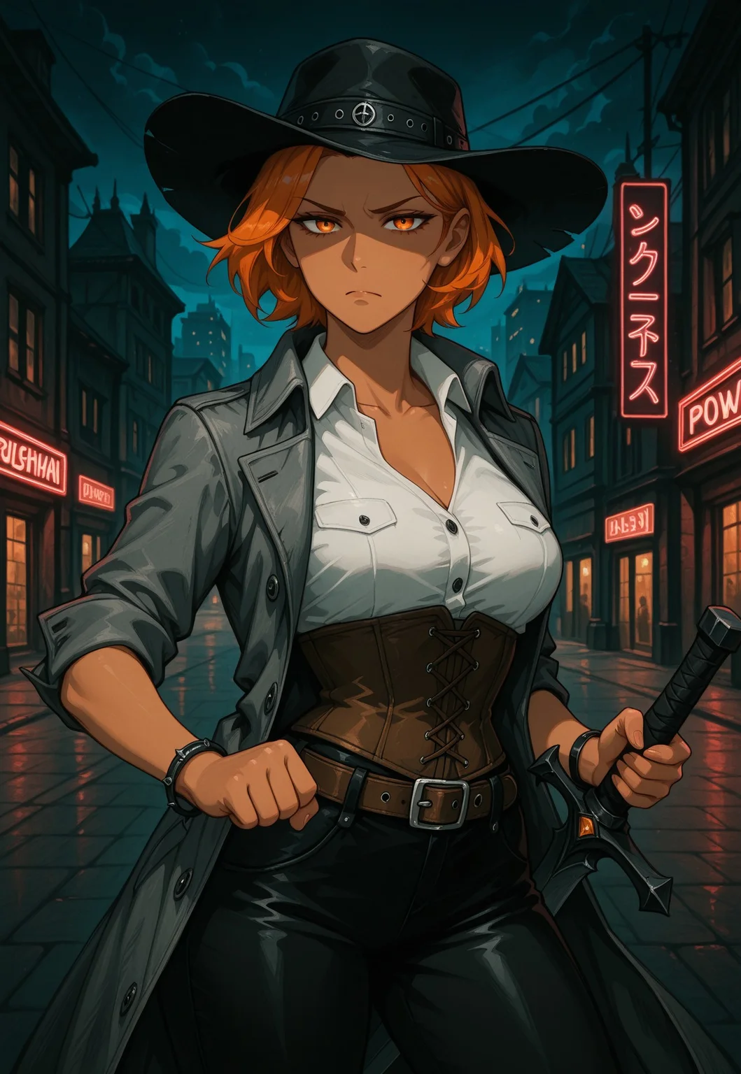masterpiece, best quality, traditional media, heavy film grain, paper texture, DFGPT, gothic, 1girl, solo, aliska, mature female, dark skin, orange hair, short hair, bangs, orange eyes, medium breasts, narrow waist, black hat, black leather pants, belt, brown corset, white collared shirt, open collar, collarbone, grey leather coat, sleeves rolled up, bracelet, holding sword, power pose, fighting stance, looking at viewer, frown, dominant woman, outside, night, city, modern architecture, street, neon lights, cloudy sky, dramatic lighting, sharp shading, intricate details, uncensored.