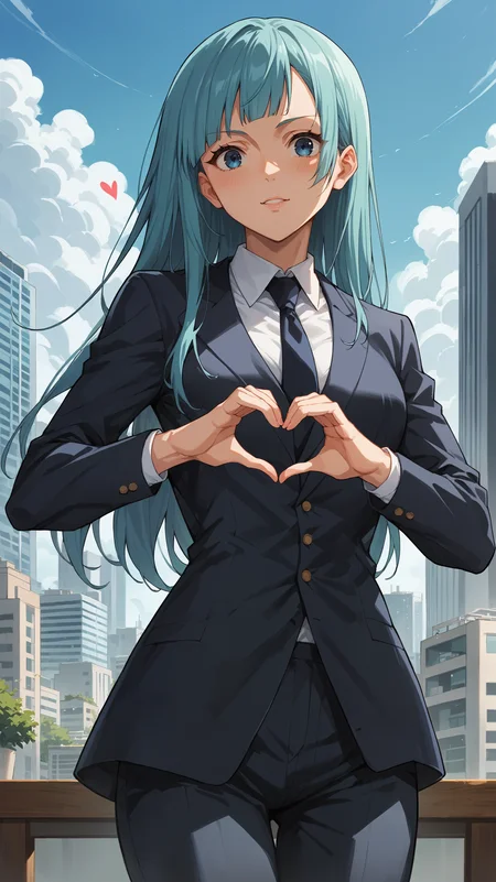 score_9,score_8_up,score_7_up,score_6_up, source_anime, zPDXL3, <lora:xl_more_art-full_v1:0.5>, girl, dynamic pose, heart arms, <lora:Kasumi Miwa - Pony-000004:0.8>, long hair, aqua hair, blunt bangs, blue eyes, suit and tie, suit jacket, suit pants, modern city, skyscraper, ally,