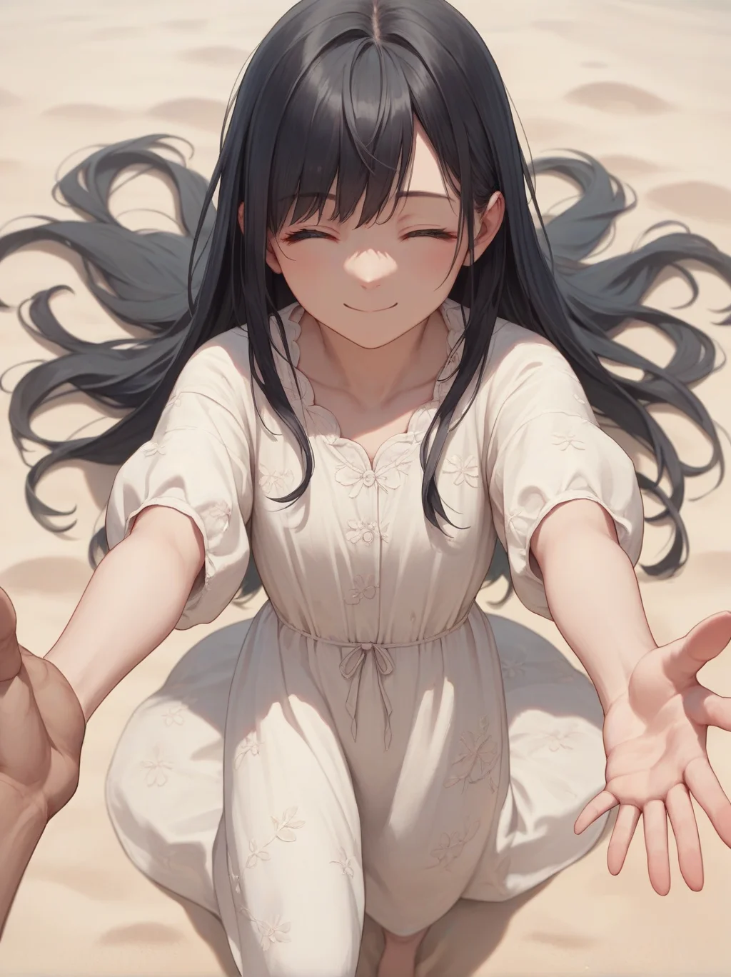 score_9, score_8_up, score_7_up, score_6_up, source_anime, <lora:linen_dress_v0.1-pony:1>
1girl, long hair, black hair, linen dress,
pov, perspective, from above, reaching, closed mouth, sand, pov hand, smile, closed eyes,
