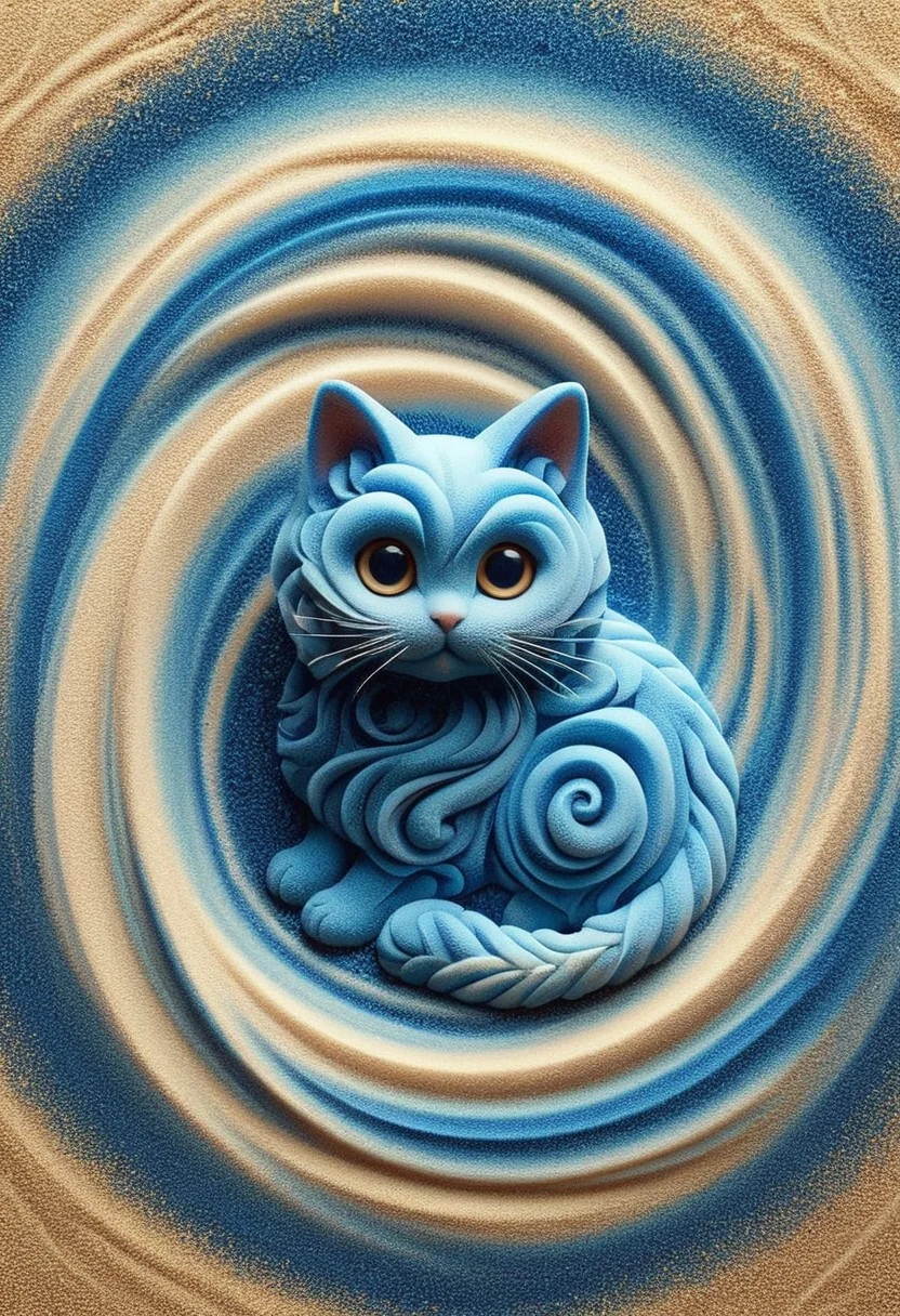 A cute chibi cat with big eyes on in a swirl garden, kaleidoscopic illusions. sandswirl, swirling sand, blue theme