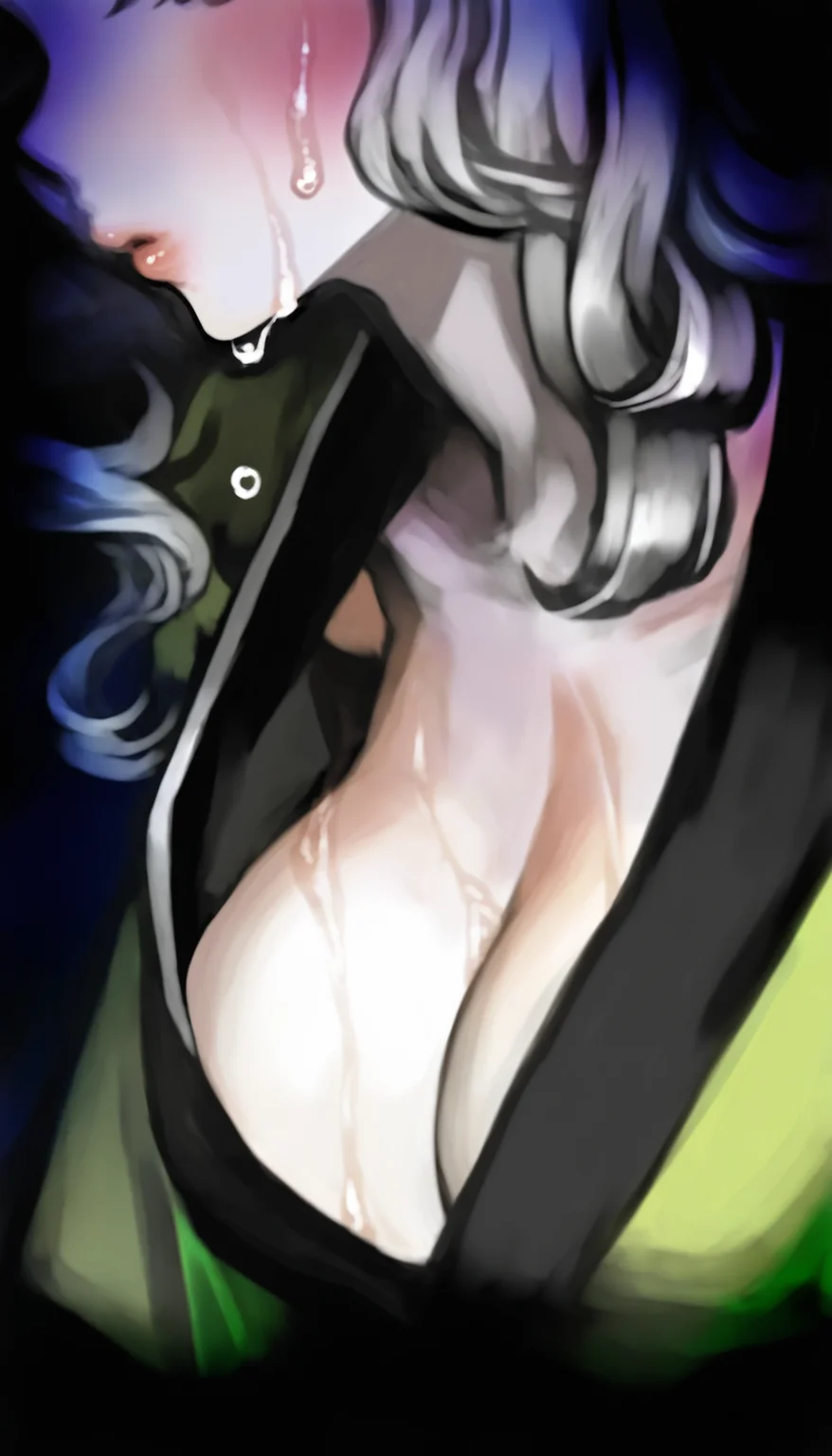 masterpiece,best quality,amazing quality,
<lora:yuzuruhaNAI>,yuzuruha,mature,
1girl,solo,pale skin,
white hair,long hair,wavy hair,
green kimono,cleavage,
mouth focus,chin,neck,close up,
blush,
wet clothes,
rain,(wet:1.1),(dripping:1.1),sweat,sticky,
outdoors,night,fog,depth of field,dark,vignetting,fog,