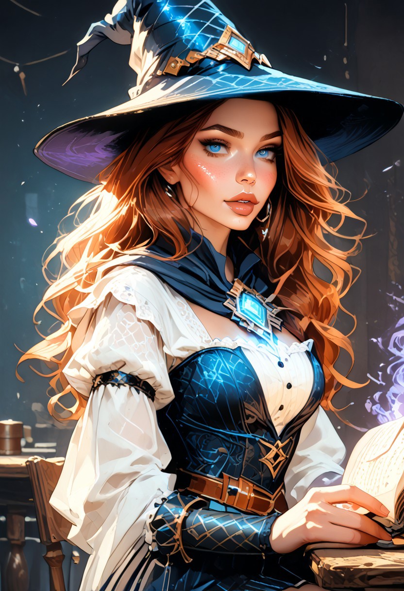 Safe_pos, (score_9, score_8_up, score_8), ((zPDXL3)), ((zPDXLxxx)), ultra detailed, high resolution, high quality, masterpiece, intricate details, intricate body, intricate landscape, knva, Expressiveh, hkmagic, missfortune, European Instagram Model, Sorceress, Wizard, Casting Thunder Magic Spells, Magic Circle, Thigh Strap, Tavern, midnight, 1girl, source_cartoon, Petite, ((Dark-Auburn Hair, Blue Eyes, Full Lips, Delicate and Smooth Skin, Blush Perfect Body, Highly Detailed, Glossy Lips)), ((Witch Hat)), Beautiful, Attractive, (Long Hair, Shiny Hair), (perfect round breasts, large breasts), (Wizard), ((Femme Fatale)), Tight-Fitting Blue-and-White Dress, Corset, Sexy, Belt, Brown Thigh-High Boots, Fantasy, Medieval, ((Extremely Detailed Face and Eyes)), Looking at Viewer, (Flirty Smile), Soft Lighting, Warm Lighting, Unique Angle, Unique Perspective, Dramatic Angle, ((Full Body)), From Above, Side Shot, ((Sitting on Tabletop, Arched Back, Leaning Back)), Tomes in Background, Magic Book, Ritual
<lora:add-detail-xl:1.5>,
<lora:Expressive_H:0.7>,
<lora:Kenva:1>,
<lora:incase_2024_new_style_upscaled_with_big_images:0.8>,
<lora:missfortune:0.65>,
<lora:Fantasy_Wizard__Witches_Pony:0.4>,