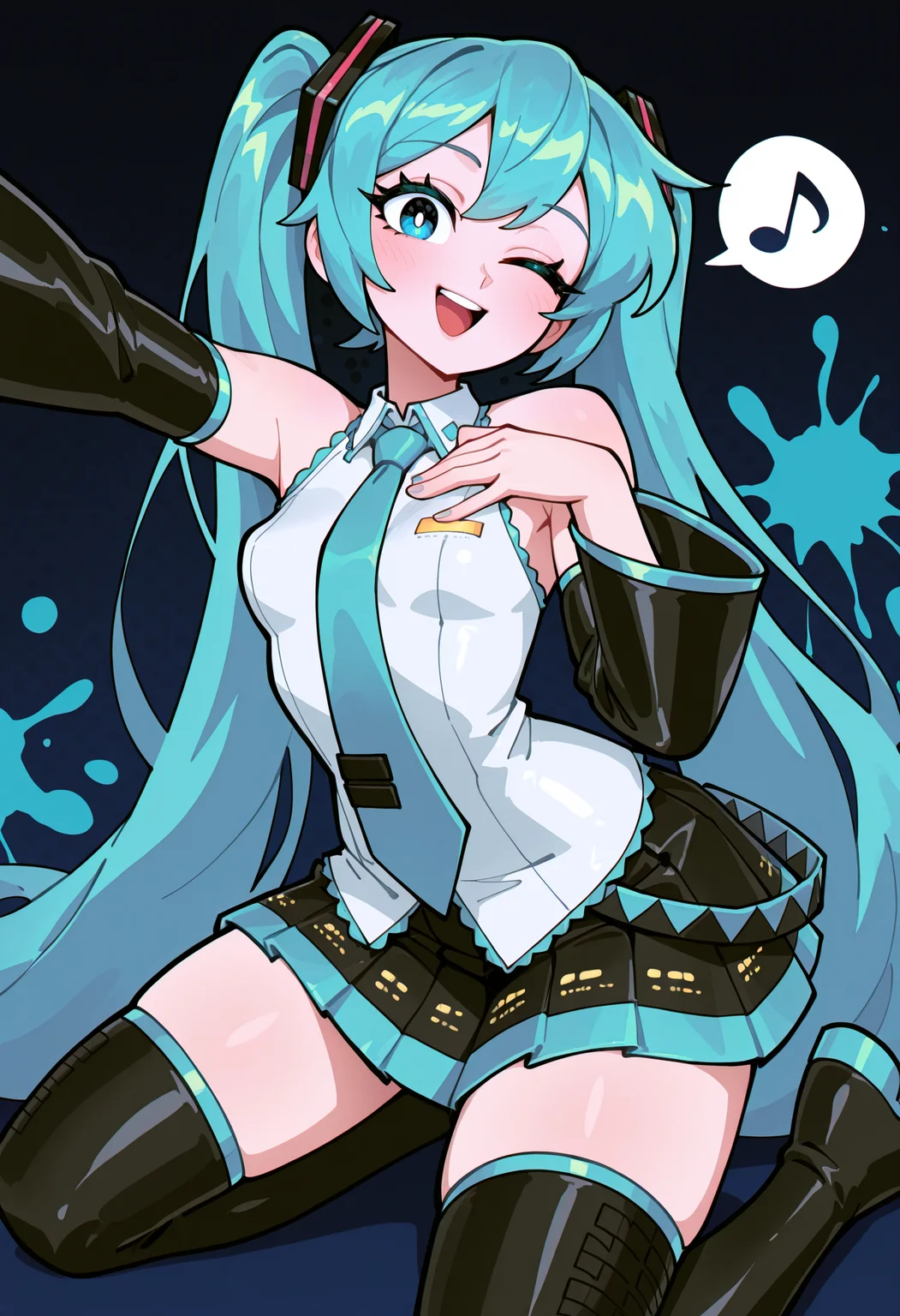 very aesthetic, masterpiece, best quality, newest, absurdres, highres, 
333 \(dqqqdle\), 1girl, solo, (hatsune miku, blue hair, twintails, long hair, blue eyes, thick eyelashes, small breasts), [vocaloid], perky breasts,
white shirt, collared shirt, detached sleeves, black sleeves, black skirt, pleated skirt, thighhighs, thigh boots, blue necktie,
hand on own chest, outstretched arm, one eye closed, wink, smile, open mouth, looking at viewer, spoken musical note, hairclip, kneeling,
(dark background, blue background, splatter background), Rating:General,
 <lora:333_dqqqdle:1>