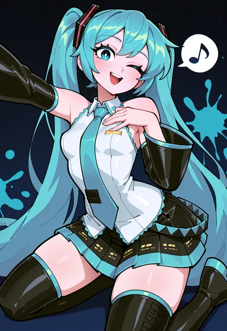 very aesthetic, masterpiece, best quality, newest, absurdres, highres, 
333 \(dqqqdle\), 1girl, solo, (hatsune miku, blue hair, twintails, long hair, blue eyes, thick eyelashes, small breasts), [vocaloid], perky breasts,
white shirt, collared shirt, detached sleeves, black sleeves, black skirt, pleated skirt, thighhighs, thigh boots, blue necktie,
hand on own chest, outstretched arm, one eye closed, wink, smile, open mouth, looking at viewer, spoken musical note, hairclip, kneeling,
(dark background, blue background, splatter background), Rating:General,
 <lora:333_dqqqdle:1>