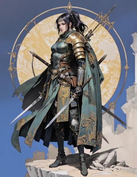 Art by Zhang Jing. A digital illustration shoot from a profile camera angle about a warrior in ornate armor holding a bow and arrow, standing confidently in a dramatic pose. the image also shows a fantasy setting with a blue and gold gradient background. on the middle of the image, a 1woman, who appears to be in her mid-twenties, with long black hair styled in twin ponytails, is standing with her full body facing the viewer. she has a serious expression on her face. she is wearing a dark green and gold armor with intricate patterns, a long green cloak draped over her shoulders, and she is holding a sword in her right hand, a katana in her left hand, and a crossbow in her other hand. her armor is detailed with a metallic sheen, and her hair is adorned with a hairband. her body is slim and muscular, with a focus on her warrior physique.