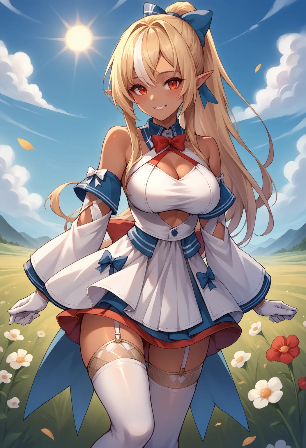 score_9, score_8_up, score_7_up, source_anime, 1girl, solo, FlareBase, dark skin, long hair, high ponytail, hair bow, halterneck, detached collar, white dress, bare shoulders, cleavage, clothing cutout, red bowtie, blue bow, detached sleeves, white gloves, garter straps, white thighhighs, standing, outdoors, flower field, sun, smile, <lora:ChjamShiranuiFlarePonyXL:1>
