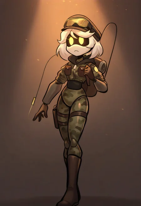 (masterpiece, high quality, highly detailed, best quality), SD-V, 1girl, solo, robot girl, humanoid robot, robot joints, hairband, short white hair, yellow eyes, solid circle pupils,
military smoking, military hat, war, trenches, explosions from behind, yellowish lighting, blaster in hand, snow
upper body, scared, confused
military, camouflage, solo, backpack, boots, hat, goggles, goggles on headwear, jacket, hood, bag, headset, camouflage jacket, gloves, holster, hood down,thigh holster, radio antenna, military, headphones, leggings, closed mouth, camouflage pants,
looking back