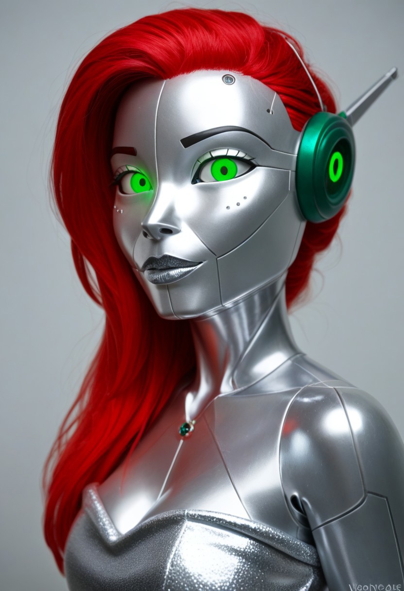 A 35mm photo of a beautiful 30 year old woman, she is an anthropomorphic robot , robotic face , emerald green robotic eyes, freckles, silver grey robotic skin, robotic aerials, red hair, elegant Christmas satin dress