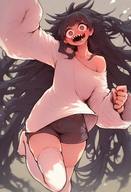 score_9, score_8_up, score_7_up, score_6_up, 
1girl, solo, face focus, from above, 
excited, energetic pose, dancing, leg lifted up, flailing arms, sharp teeth, blush, 
very long hair, black hair, portrait, 
thigh gap, slender,
((oversized shirt)), off-shoulder, loose shirt,  white thighighs, shorts,
thighhighs, skindentation,