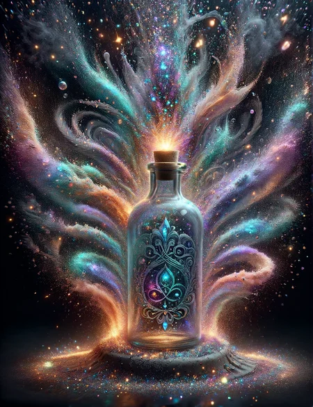 A ais-glttrbmb glass bottle, its surface etched with arcane symbols, containing a swirling vortex of multicolored smoke against a backdrop of ancient scrolls <lora:ais-glttrbmb-sdxl:1>