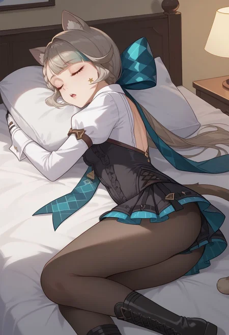 score_9, score_8_up, score_7_up, source_anime, 1girl, solo, lynettedef, closed eyes, grey hair, long hair, braid, small breasts, animal ears, animal ear fluff, cat girl, star (symbol), cat tail, hair bow, aqua bow, long sleeves, puffy sleeves, frills, black leotard, backless outfit, cleavage, black gloves, covered navel, black pantyhose, black footwear, boots, open mouth, lap pillow, looking to the side, lying, on bed, on side, animal hug, sleeping, indoors, bedroom, upper body, cat, <lora:Lynette_v1-000010:1>